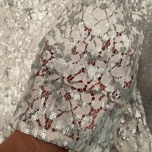 Banana Republic White Lace Silver Matte Sequins 3/4 Sleeve Blouse - Picture 8 of 14